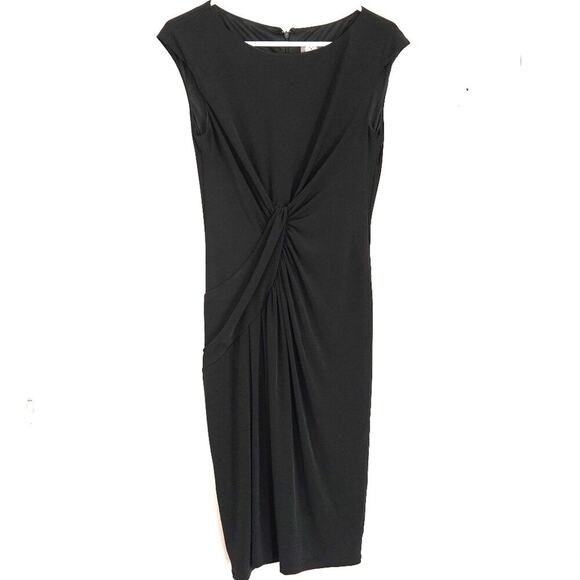 Vince Camuto Midi Dress Faux Wrap Ruched Cap Sleeve Black SZ 6- EUC - Picture 1 of 13